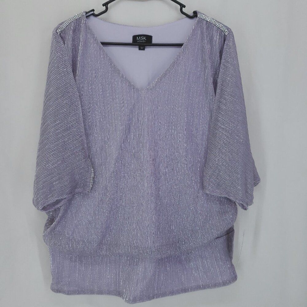 MSK Plus Size 2X Lavender V Neck Blouson Top Trim Detail Casual Blouse (AS)
